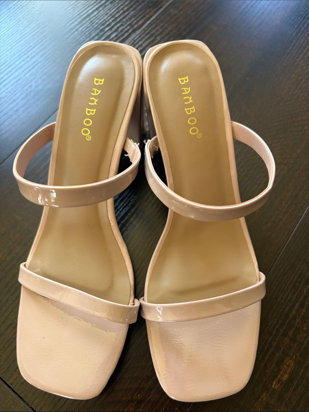 BAMBOO Blush Patent Square-Toe Double-Strap Heels